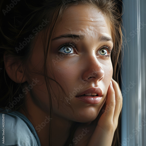 A closeup of a young womans face her eyes filled with sadness as she stares sadly out the window of her high school classroom. photo