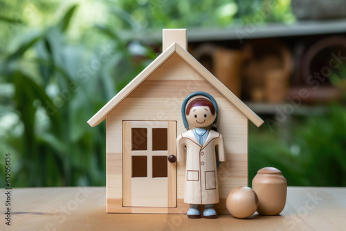 A large wooden house with a cartoonlike figure of a doctor peeking out a window smiling with a stethoscope around its neck. photo