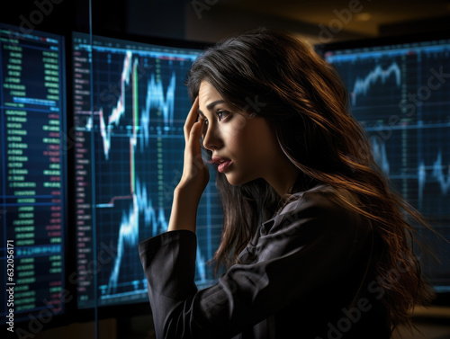 A female broker runs her hands through her shoulderlength hair as she examines a complicated stock chart projected on the wall.
