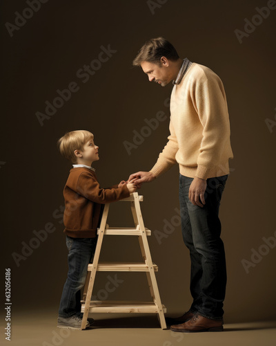 A person standing on a stool helping a young child reach a high shelf displaying a tangible gesture of providing encouragement and