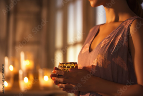 A masseuse about to begin a massage her hands hovering just above the persons back. The lighting is muted and candles are lit around