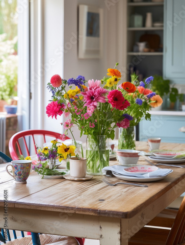 A rustic wooden dining table is adorned with a vibrant array of fresh flowers contrasting the traditional farmhouse feel of the space