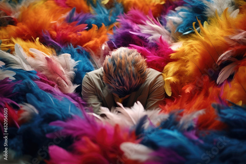 A person surrounded by a colorful array of feathers each being weight matched to the level of effort and determination needed to battle