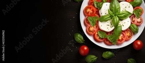 The Caprese Salad consists of Mozzarella Cheese, Tomatoes, and Basil Herb Leaves. It is presented in a top view flat lay with copy space.
