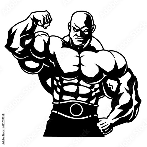 muscular strong bald bodybuilder shows biceps, vector, logo, cartoon, mascot, character, illustration
