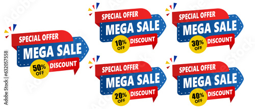 percent mega sale label icon on collection set. blue, red and yellow vector banner template. 50%, 10%, 20%, 30%, 4%.