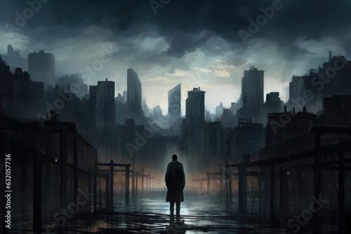 A dreary cityscape stretches as far as the eye can see punctuated only by a single figure standing in the middle of an empty street.
