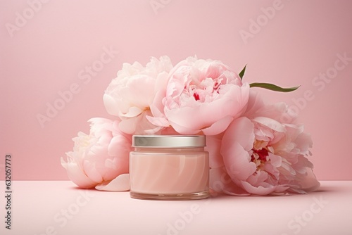 Elegant peony-infused beauty lotion and cosmetics, nestled beside luscious peony flowers on a dreamy pink backdrop. Organic essence, and the soft allure of nature-inspired skincare