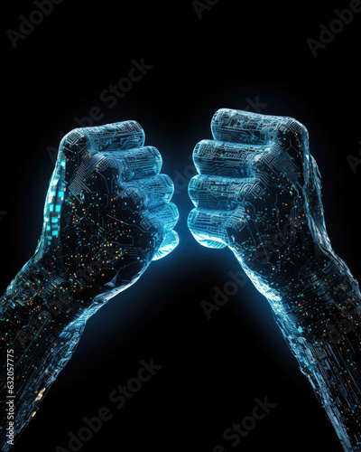 A twohanded fist one made of metal and one made of digital data pressing firmly against a glowing monitor with a new wave of digital photo