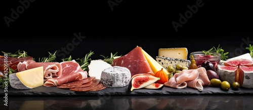 Panel kuchenny z motywem Assorted cheese and meat appetizers presented on a dark slate background with a side border and copy space.