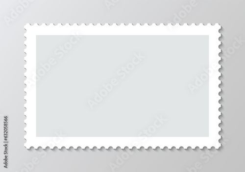 Empty post stamp. Postage perforated label. Mail stamp. Postal rectangular frame. Blank border for envelope letter. White paper postmark isolated on gray background. Vector illustration.