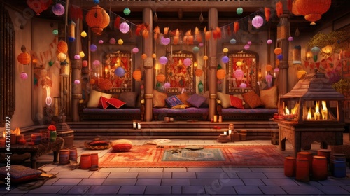 traditional Indian home adorned with Diwali decorations and bright lights © For