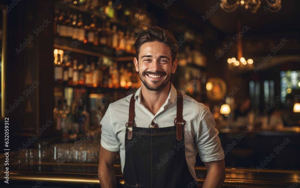 Fototapeta premium Smiling and happy bartender in front of the bar