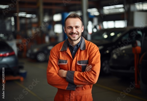 The portrait of smiling mechanic in the car repair shop
