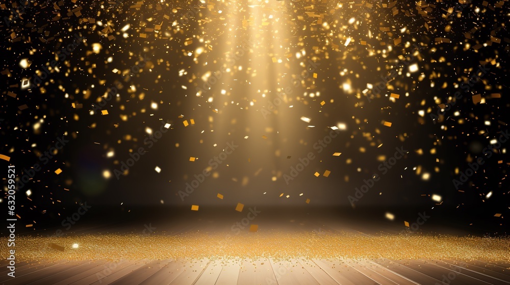 golden confetti shower cascading onto a festive stage, illuminated by a central light beam, mockup for events such as award ceremonies, jubilees, New Year's parties, or product presentations