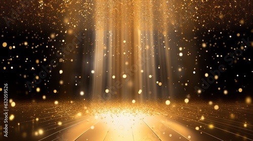 golden confetti shower cascading onto a festive stage, illuminated by a central light beam, mockup for events such as award ceremonies, jubilees, New Year's parties, or product presentations