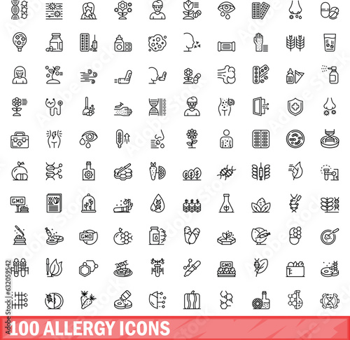 100 allergy icons set. Outline illustration of 100 allergy icons vector set isolated on white background