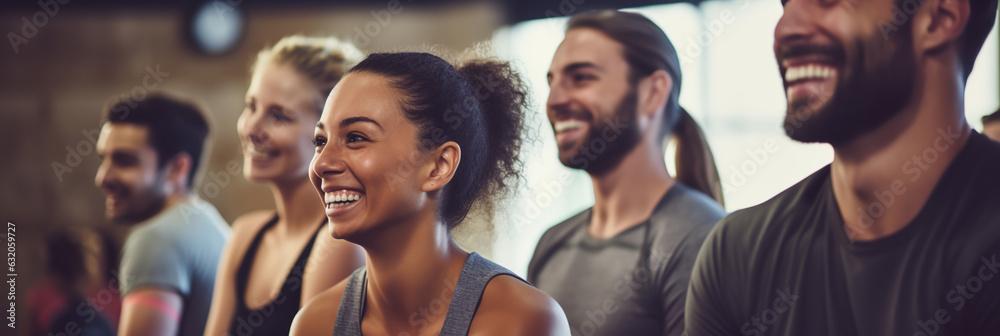 Obraz premium A Group of young friends in sportswear laughing while sitting in a gym after an exercise.
