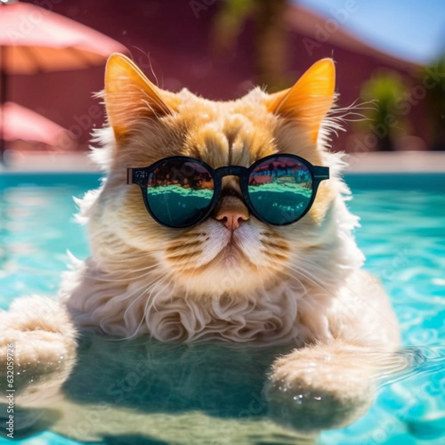 cat in sunglasses on holiday at the pool