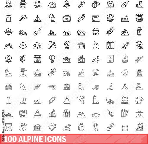100 alpine icons set. Outline illustration of 100 alpine icons vector set isolated on white background
