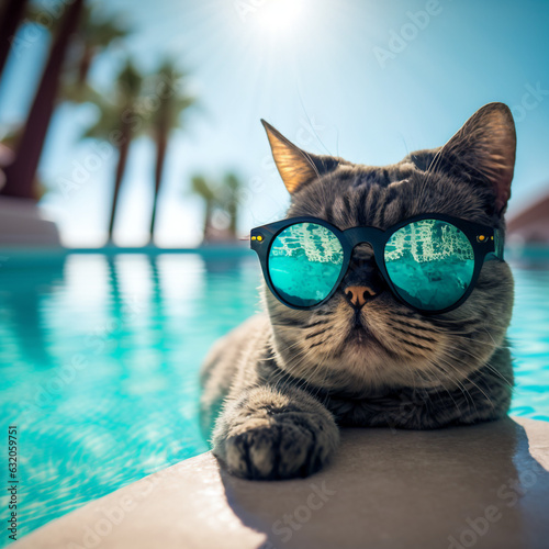 cat in sunglasses on holiday at the pool photo