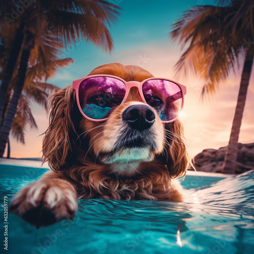 dog in sunglasses on holiday at the pool photo