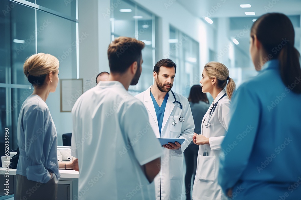 Group of medical staff doctor having discussion in hospital. Health workers discussing in the hospital Group of medical staff doctor having discussion in hospital. Health workers discussing in the hospital