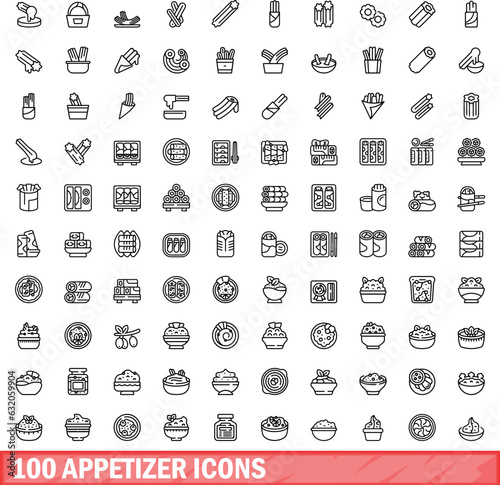 100 appetizer icons set. Outline illustration of 100 appetizer icons vector set isolated on white background