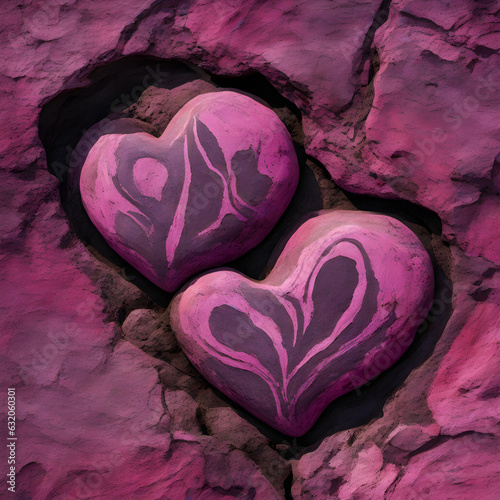 Coal-made heart carved, light magenta and black, dark pink and purple, eroded interiors, organic stone carvings, close-up. Generative AI photo