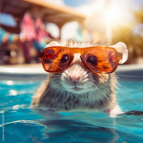 rat in sunglasses on holiday at the pool photo