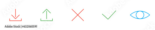 Simple icon set, upload download cancel, confirm, cross, checkmark and view icon button with solid colors