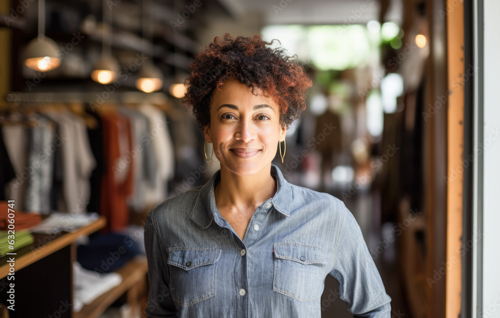 Portrait of black small business owner in her clothing store. Portrait of black small business owner in her clothing store.
