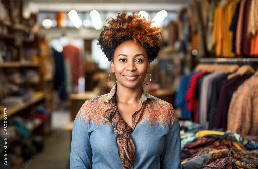 Portrait of black small business owner in her clothing store. Portrait of black small business owner in her clothing store.