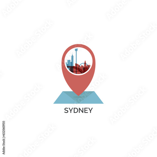 Australia Sydney map pin point geolocation modern skyline shape pointer vector logo icon isolated illustration. New South Wales emblem idea with landmarks and building silhouettes