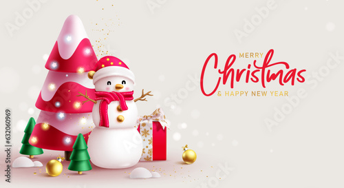 Merry christmas greeting text vector design. Christmas and new year holiday season greeting card with snowman and pine tree ornaments. Vector illustration xmas decoration in elegant background.