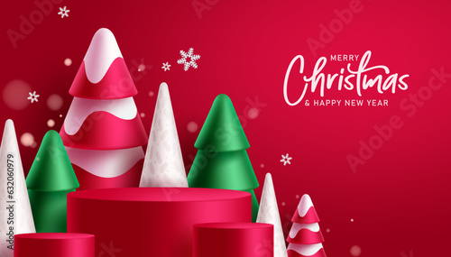 Christmas podium vector design. Merry christmas and happy new year greeting text with pine tree and fir tree decoration elements. Vector illustration seasonal product display.