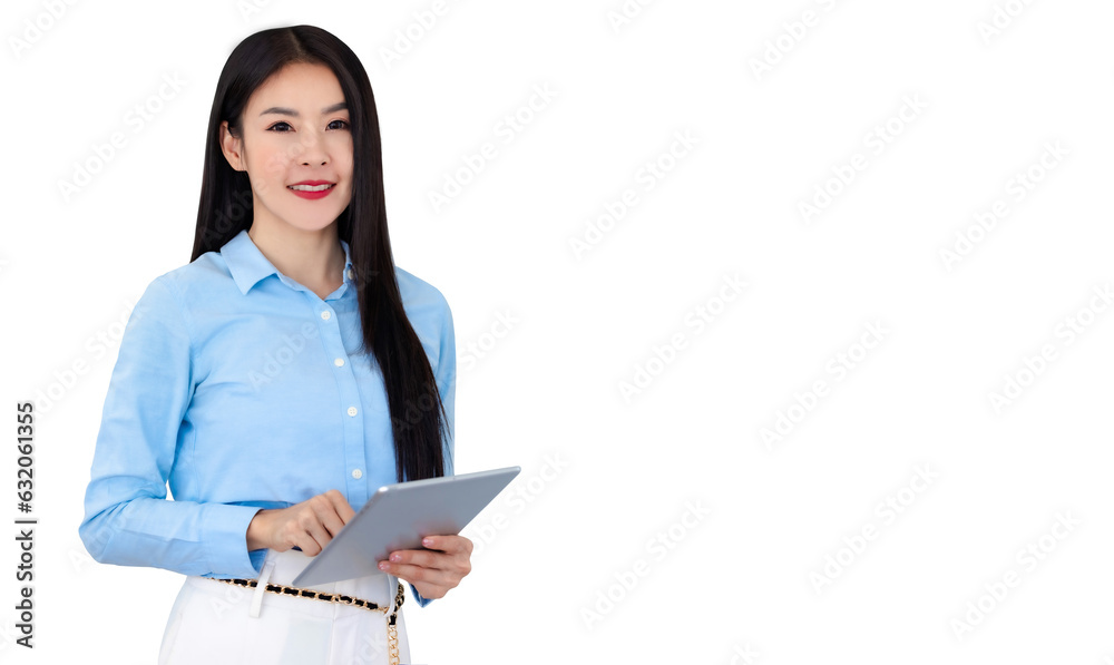 Asian businesswoman smiling and holding digital tablet standing on white background. Happy business woman using tablet on copy space light background. Business,finance, employment,female successful.. Asian businesswoman smiling and holding digital tablet standing on white background. Happy business woman using tablet on copy space light background. Business,finance, employment,female successful..