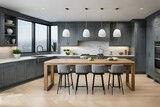 Kitchen island, table and cabinets in modern kitchen