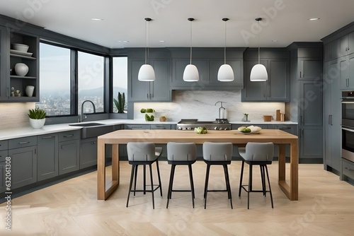 Kitchen island  table and cabinets in modern kitchen