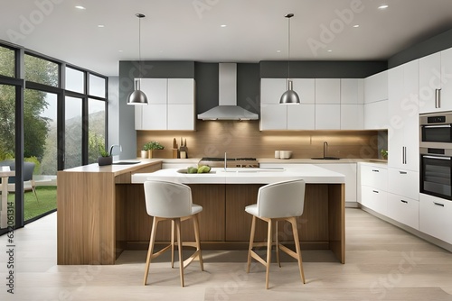 Kitchen island, table and cabinets in modern kitchen © Pretty Panda