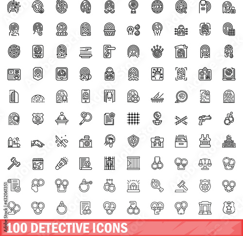 100 detective icons set. Outline illustration of 100 detective icons vector set isolated on white background