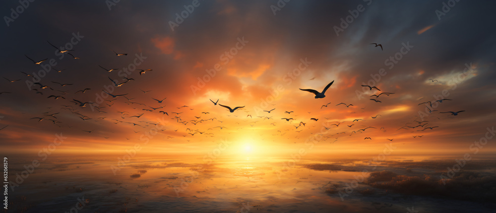 Sunrise new day and flying flock of birds