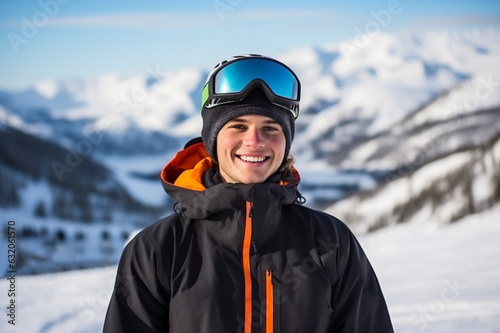Young snowboarder man in the mountains in winter