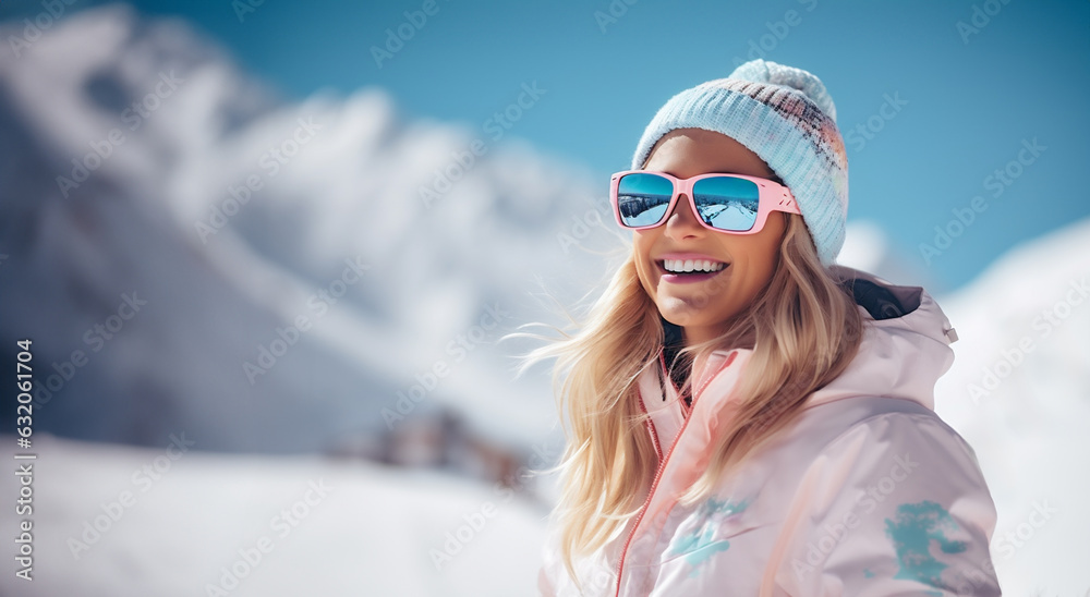 beautiful young white woman with sunglasses in ski resort, winter holiday concept beautiful young white woman with sunglasses in ski resort, winter holiday concept