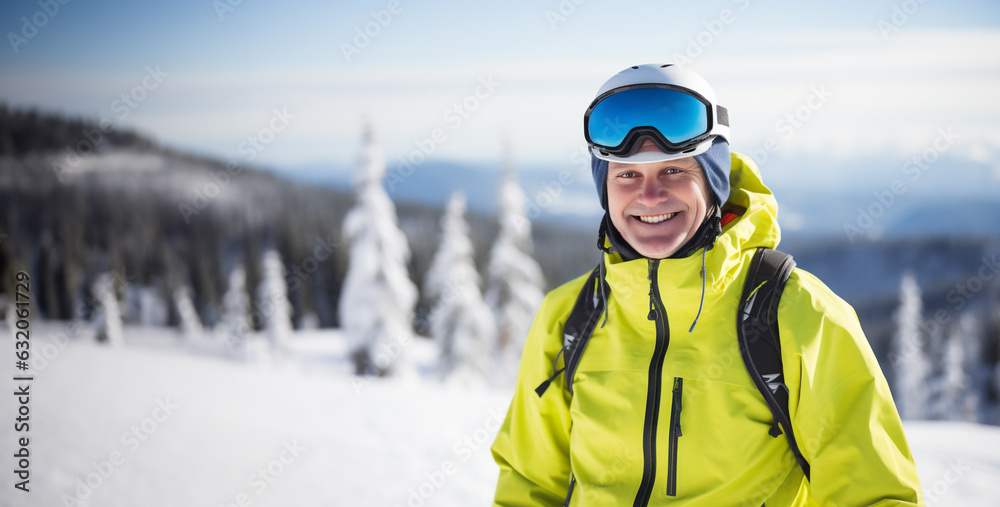 Portrait of a middle-aged skier in the mountains in winter. Smiling active man in his 50s on a holiday. Concept of hobbies and leisure. Portrait of a middle-aged skier in the mountains in winter. Smiling active man in his 50s on a holiday. Concept of hobbies and leisure.