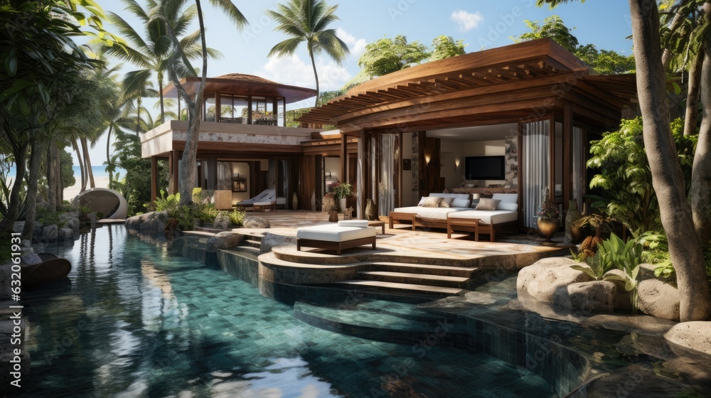 Traditional bungalow villa mixed bali style with pool  sea view. generative Ai
