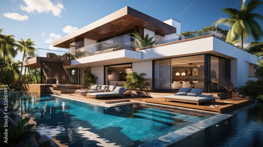 Exterior building white modern house villa and swimming pool.beautiful summer landscape with blue sky background. Generative Ai