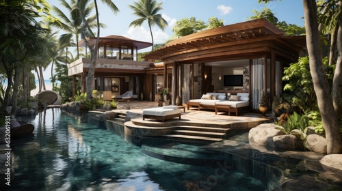 Traditional bungalow villa mixed bali style with pool  sea view. generative Ai © Areerat