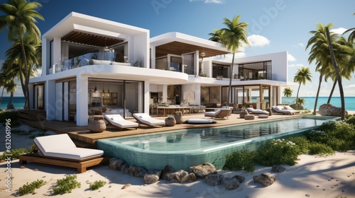 Exterior white modern villa and swimming pool on the beach and sea view.beautiful summer landscape with blue sky background. Generative Ai © Areerat