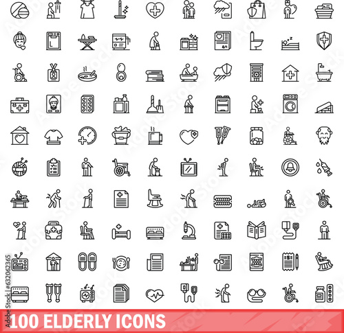 100 elderly icons set. Outline illustration of 100 elderly icons vector set isolated on white background